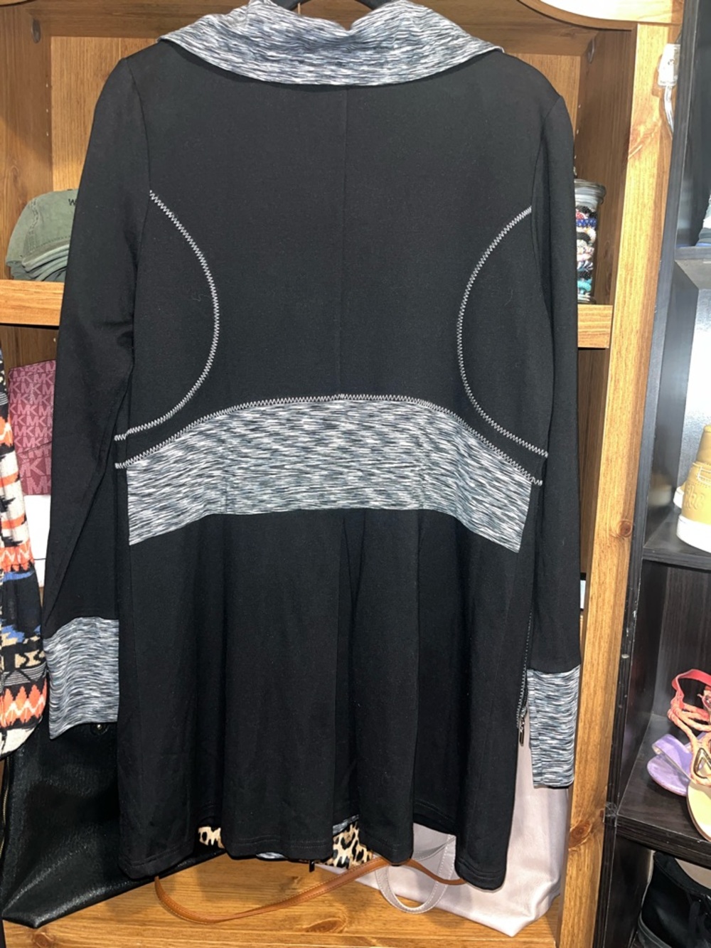 Dzhavael Couture. Black athletic long Zip Jacket with Marled Gray Collar & Cuffs - Picture 3 of 5